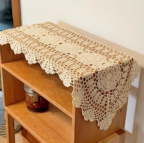 ABREEZE Handmade Oval Tablecloth,1 pc,Cotton Lace-Edge Beige Doily for Mirrors, Dining Table, Coffee Table 11.8"x31.5"