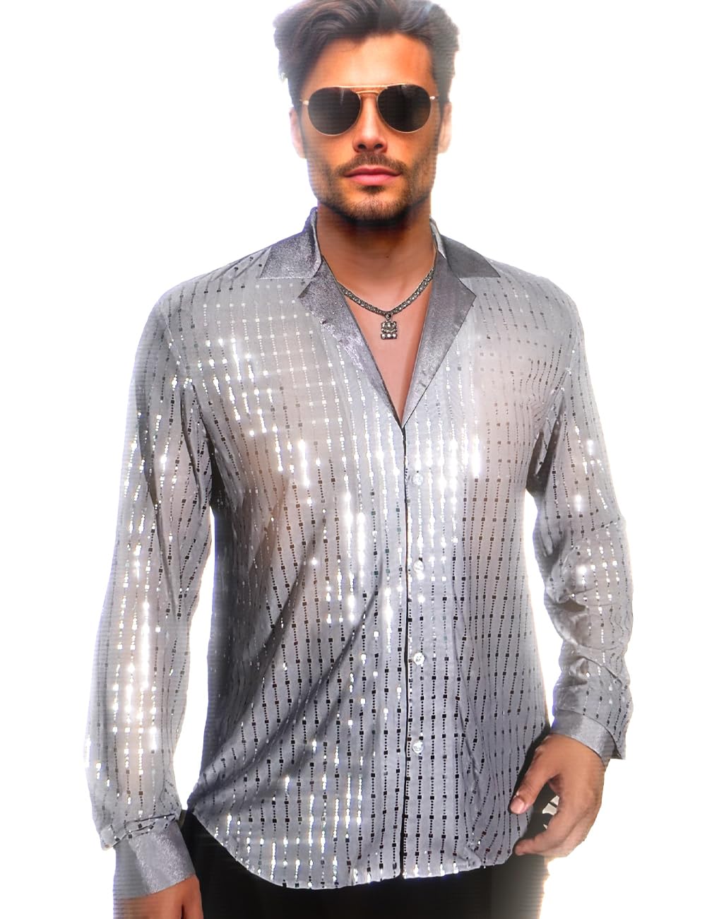 AIBEIXMens Mesh Sequins See Through 70s Disco Long Sleeve Button Down Shirts