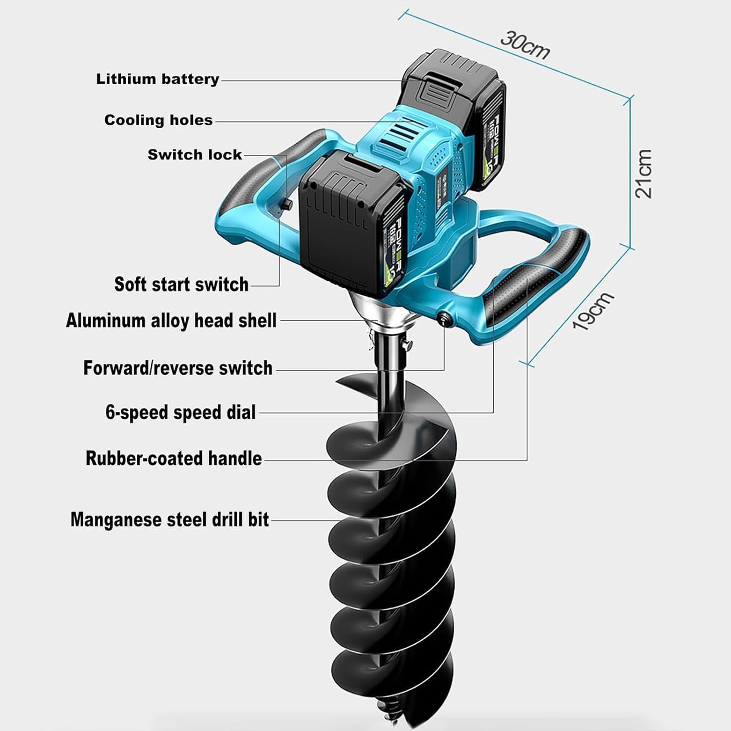 Trivella Elettrica Senza Filo per Pali, 1200W con 2 Batterie e 6 Marce Regolabili, avanti/Indietro per Piantare Alberi, Recinzioni, Giardinaggio in Terreno, Argilla e Ghiaia