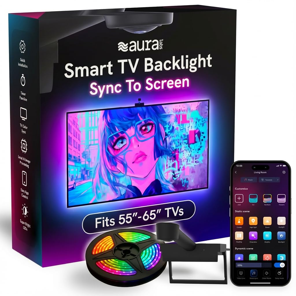 Aura TV Backlight Sync to Screen for 55-65 Inch TV, Camera-Based TV LED Backlight, High Color Sync Accuracy, Voice and App Control, RGB LED Strip Light, Immersive TV Lights
