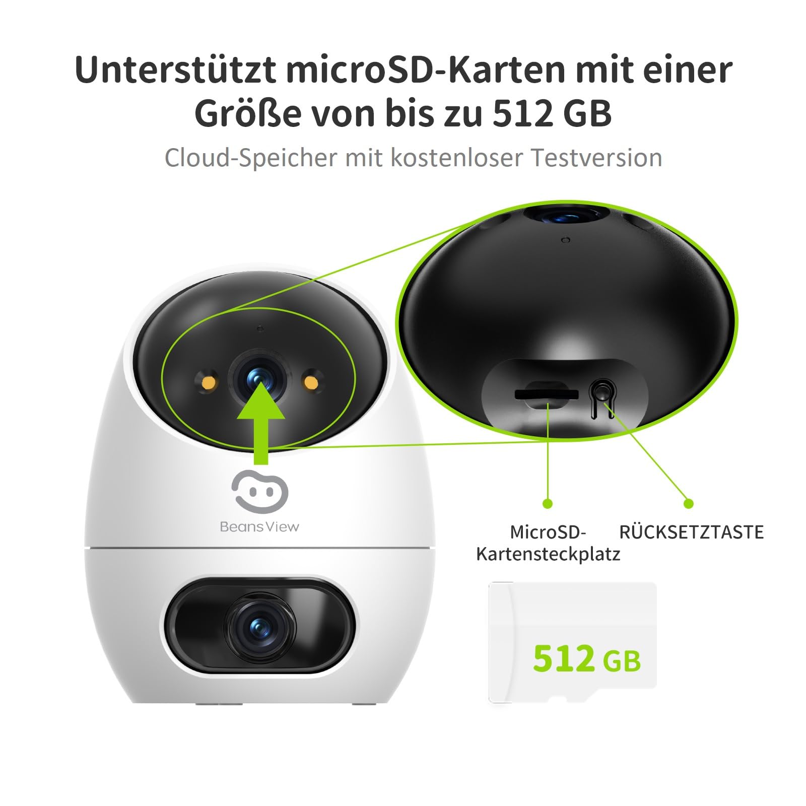 Beans View 2K+2K (3MP+3MP) Innenkamera Zwei Objektiven für Überwachung und Sicherheit, 2,4 GHz WLAN, 360°-Überwachung, Farb-Nachtsicht, Personenerkennung, Automatische Verfolgung, Kompatibel Alexa