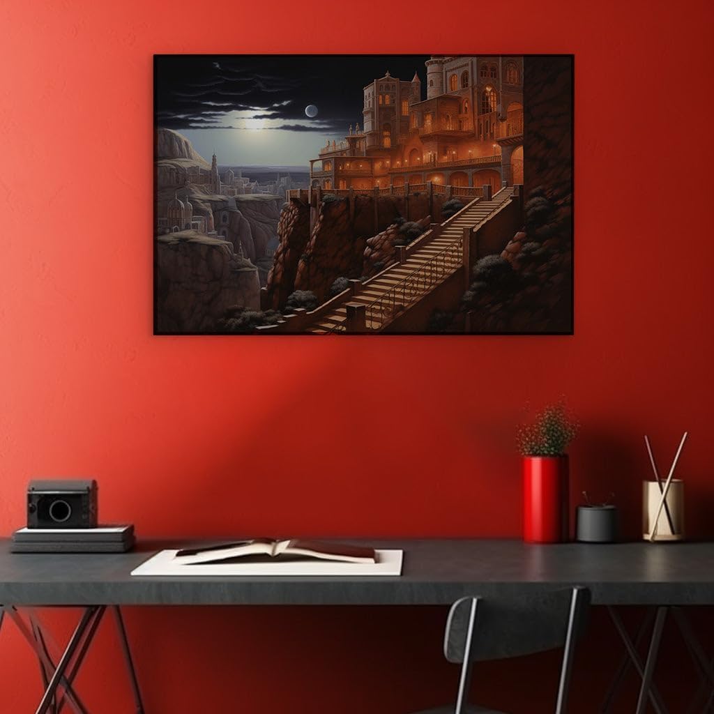 Canvas for Living room. Majestic Heights: The Enigmatic Palace Under the Moonlit Sky, 27 x 18 inch Canvas Wall Art - Modern Home Decor - 69x46 cm (27x18 inch)