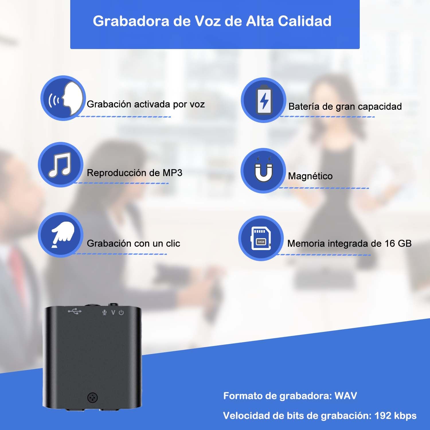 Grabadora de Voz, Mini Grabadora de Voz de 16 GB con Activación de Voz y Magnética, Grabadora de Voz Recargable USB para Reuniones, Entrevistas, Conferencias