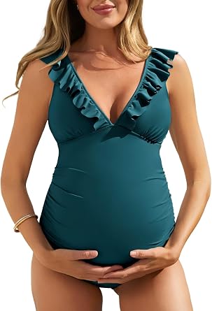 Summer Mae Ruffle Maternity Swimsuit One Piece V-Neck Pregnancy Bathing Suit Lace Up Swimwear Push Up Monokini