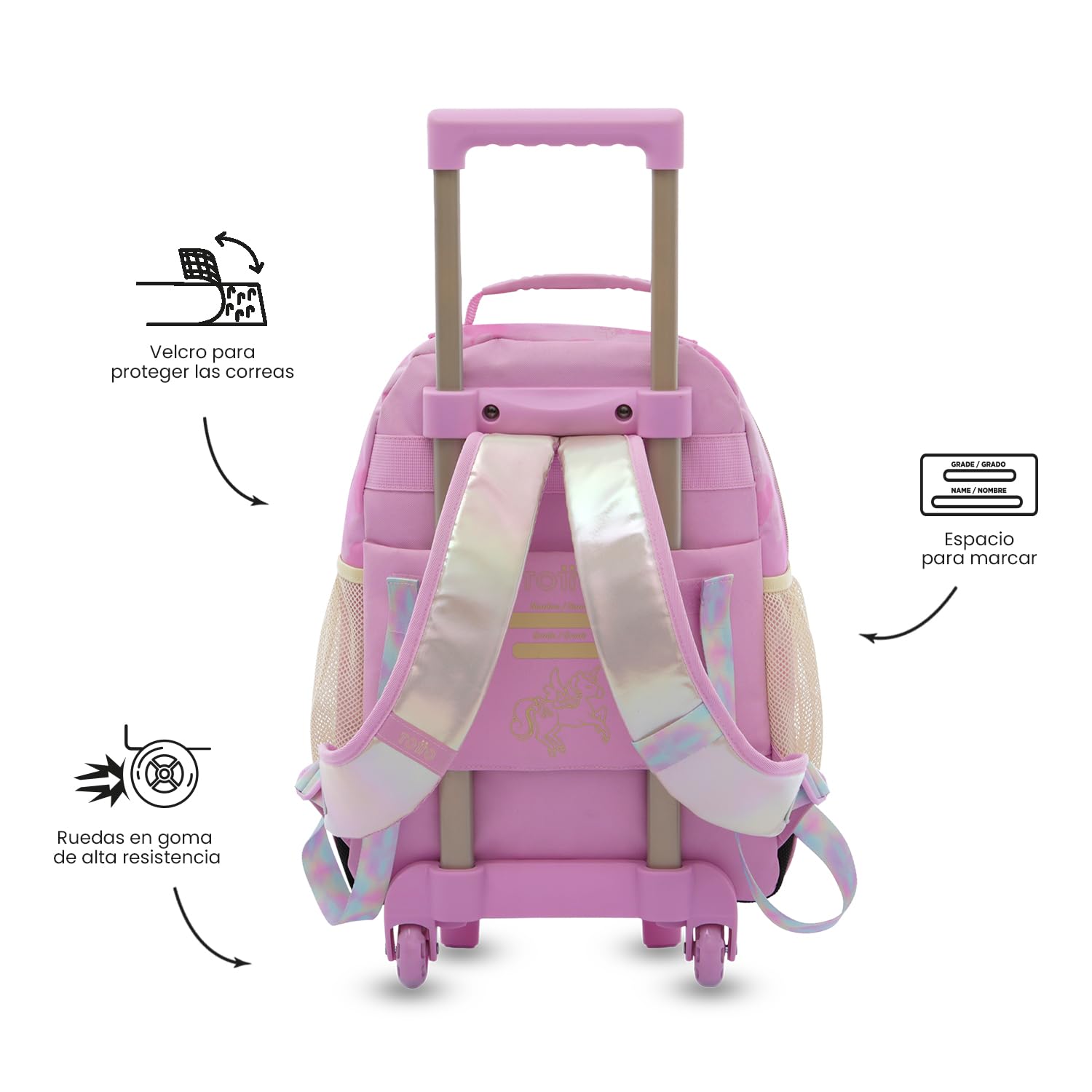 TOTTO - Mochila Escolar con Ruedas, Modelo Unicorn Kisses M, Mochila Mediana, Capacidad 23L, Bolsillos Botella, Compartimento Frontal, Protección en la Base, Correas Ajustables, Estampado Rosa