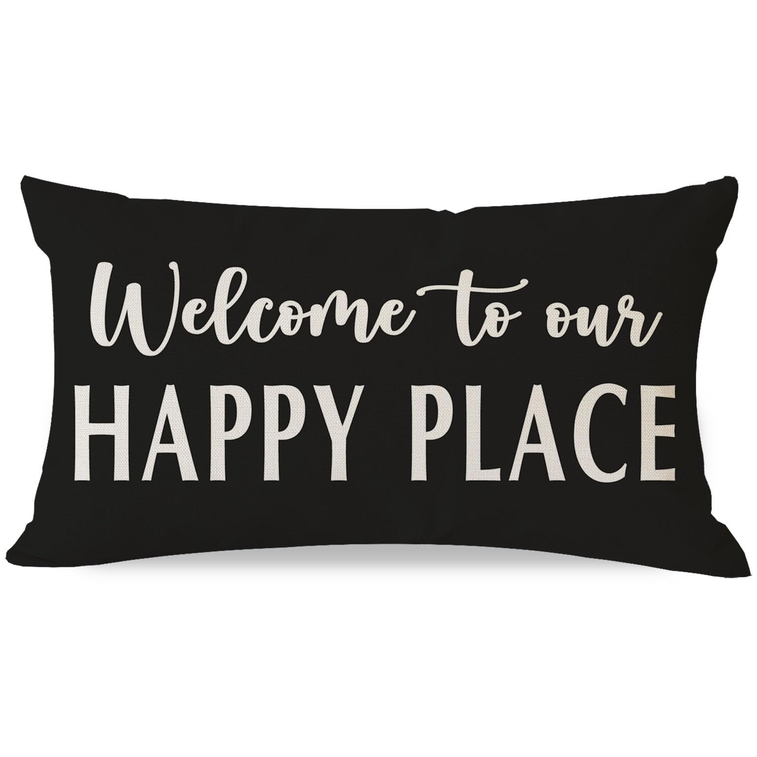 HERHOME Decorative Throw Pillow Cover 12x20 Inch Welcome to Our Happy Place Black White Outdoor Modern Farmhouse Front Porch Patio Decor Lumbar