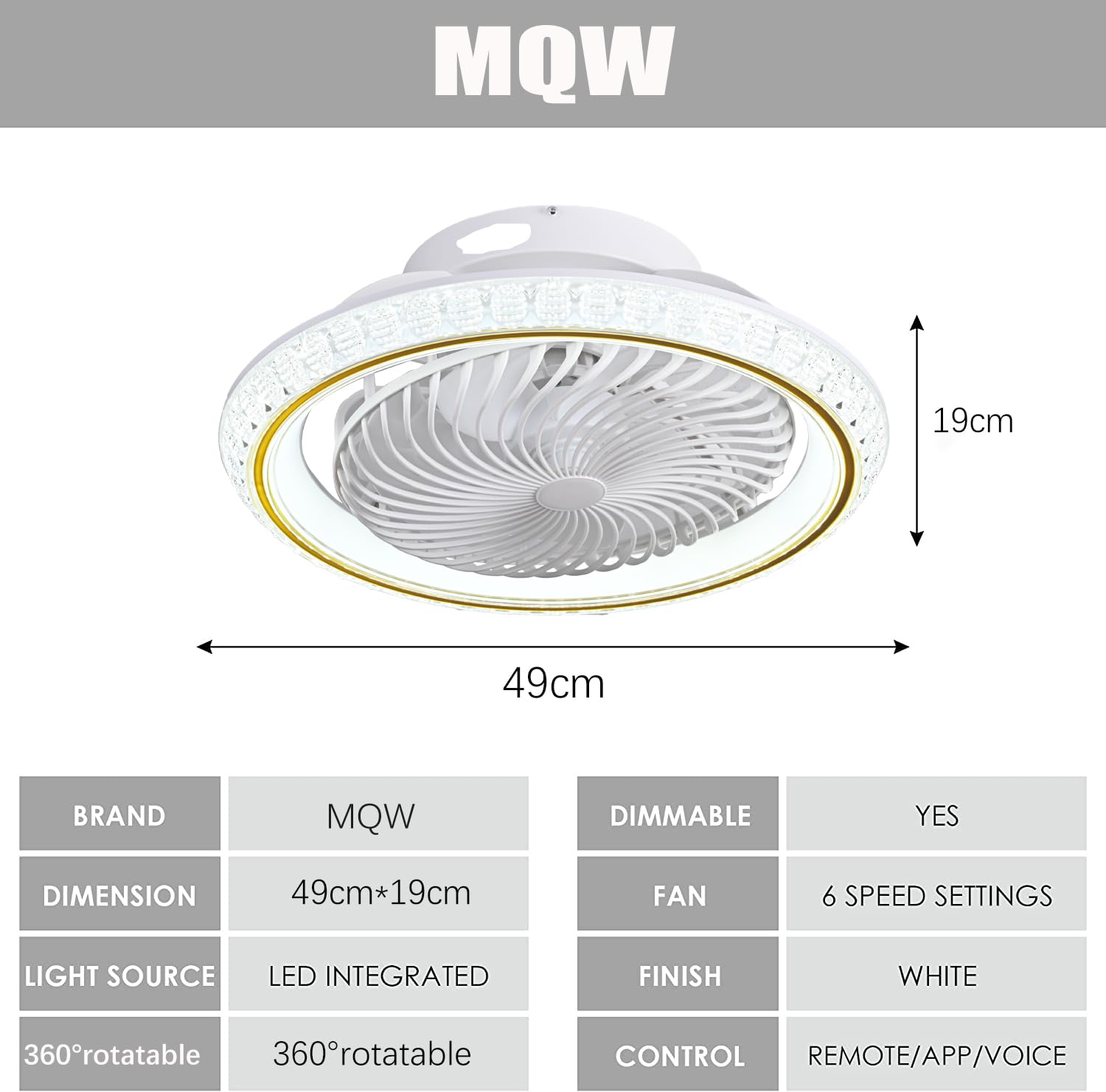 Deckenventilator mit Beleuchtung LED, 72W Dimmbar Fernbedienung, 360° Drehbare Invisible Fan Deckenleuchte 49cm