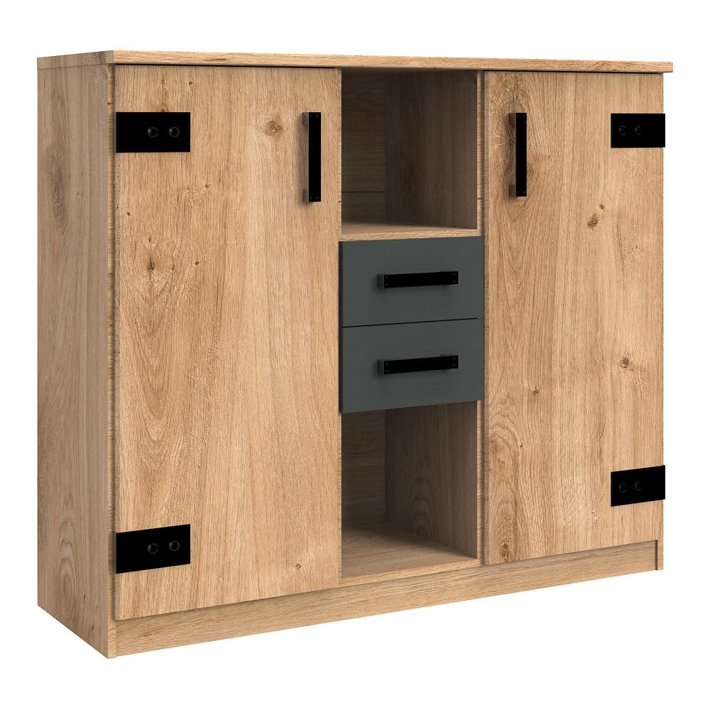 Lomadox Highboard Kommode in Plankeneiche mit 2 Türen und 2 Schubkästen in Graphit, B x H x T ca. 124 x 105 x 41cm