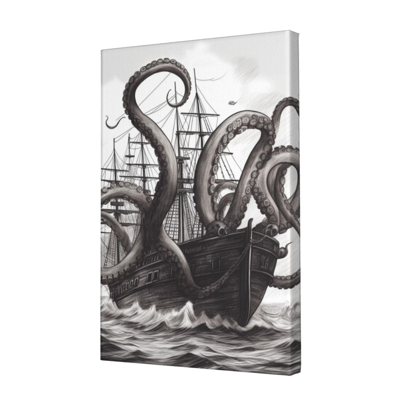 KLOPH Black and White Octopus and Ship Canvas Wall Art for Living Room 12"x18" Modern Artwork Painting for Bathroom Hanging Canvas Prints Aesthetic Wallart for Bedroom Kitchen Office Wall Decor
