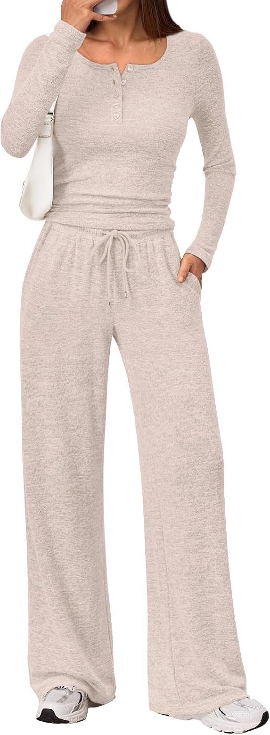 Trendy Queen Women's 2 Piece Matching Lounge Sets Fall Fashion Outfits Henley Neck Sweater Top Wide Leg Pants Sweat Suits