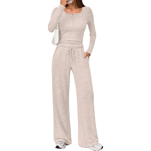 Trendy Queen Women's 2 Piece Matching Lounge Sets Fall Fashion Outfits Henley Neck Sweater Top Wide Leg Pants Sweat Suits