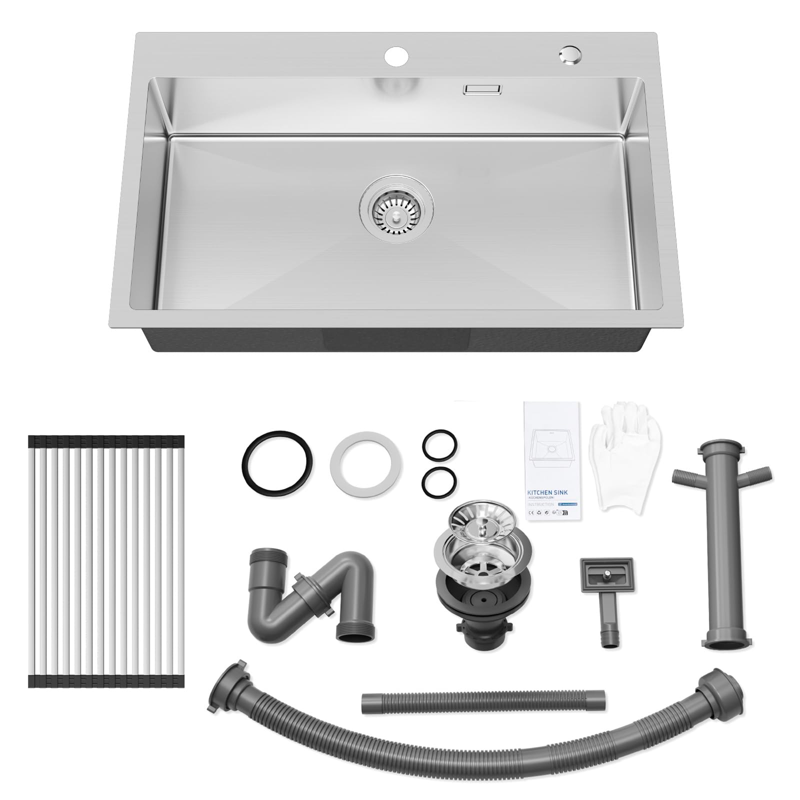 Auralum Lavandino Cucina 75 x 45 cm, Lavello Cucina 1 Vasca con Gocciolatoio, Lavabo Cucina Acciaio Inox da Appoggio con Troppopieno, Sifone e Set di Drenaggio