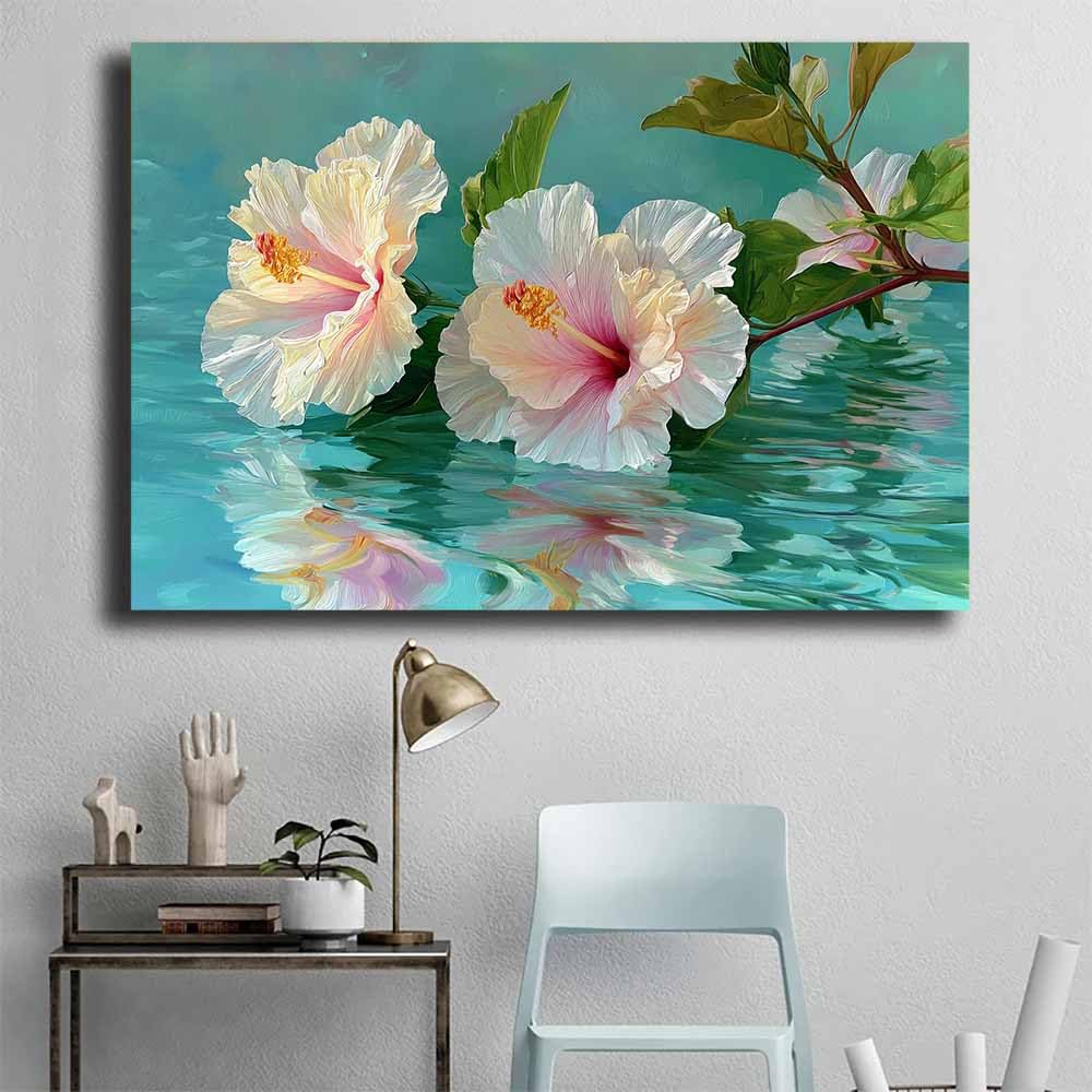 CUDAOO Semplice arte botanica Stampe su Canvas Ibisco rosa-bianco per Camera da Letto Agriturismo Soggiorno Bagno(Menta verde)-60x90cm Incorniciato