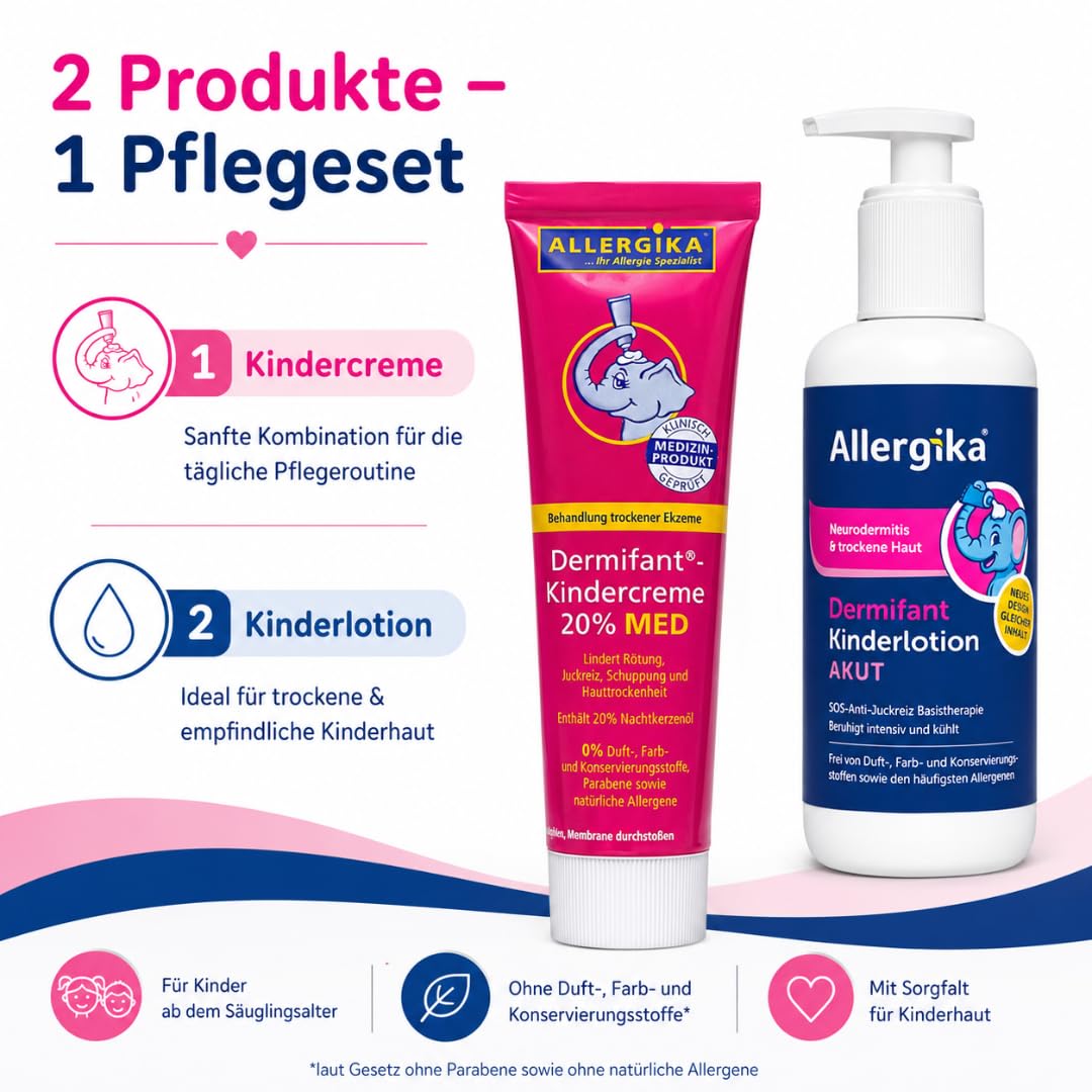 Pflegeset: Kindercreme 20% MED 100 ml + Kinderlotion AKUT 200 ml | Reichhaltige kortisonfreie Creme und leichte Akut-Lotion für trockene, juckende und zu Neurodermitis neigende Kinderhaut