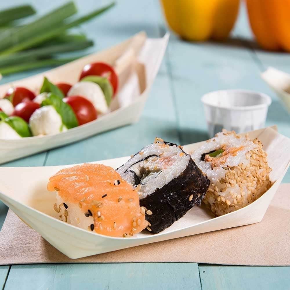 GREENBOX Drewniana misa statek z drewna sosnowego, ekologiczne naczynia jednorazowe, zrównoważone i kompostowalne, miska na przekąski na przekąski do kiełbasek, frytek, sushi, zimnych i gorących