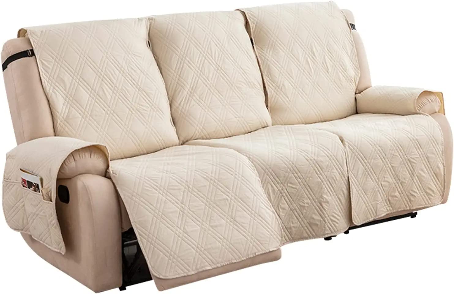 Generisch Antypoślizgowy, wodoodporny ochraniacz na fotel z podłokietnikami, z elastycznym, regulowanym paskiem, dzielony ochraniacz na fotel relaksacyjny, ochrona mebli, beżowa sofa relaksacyjna