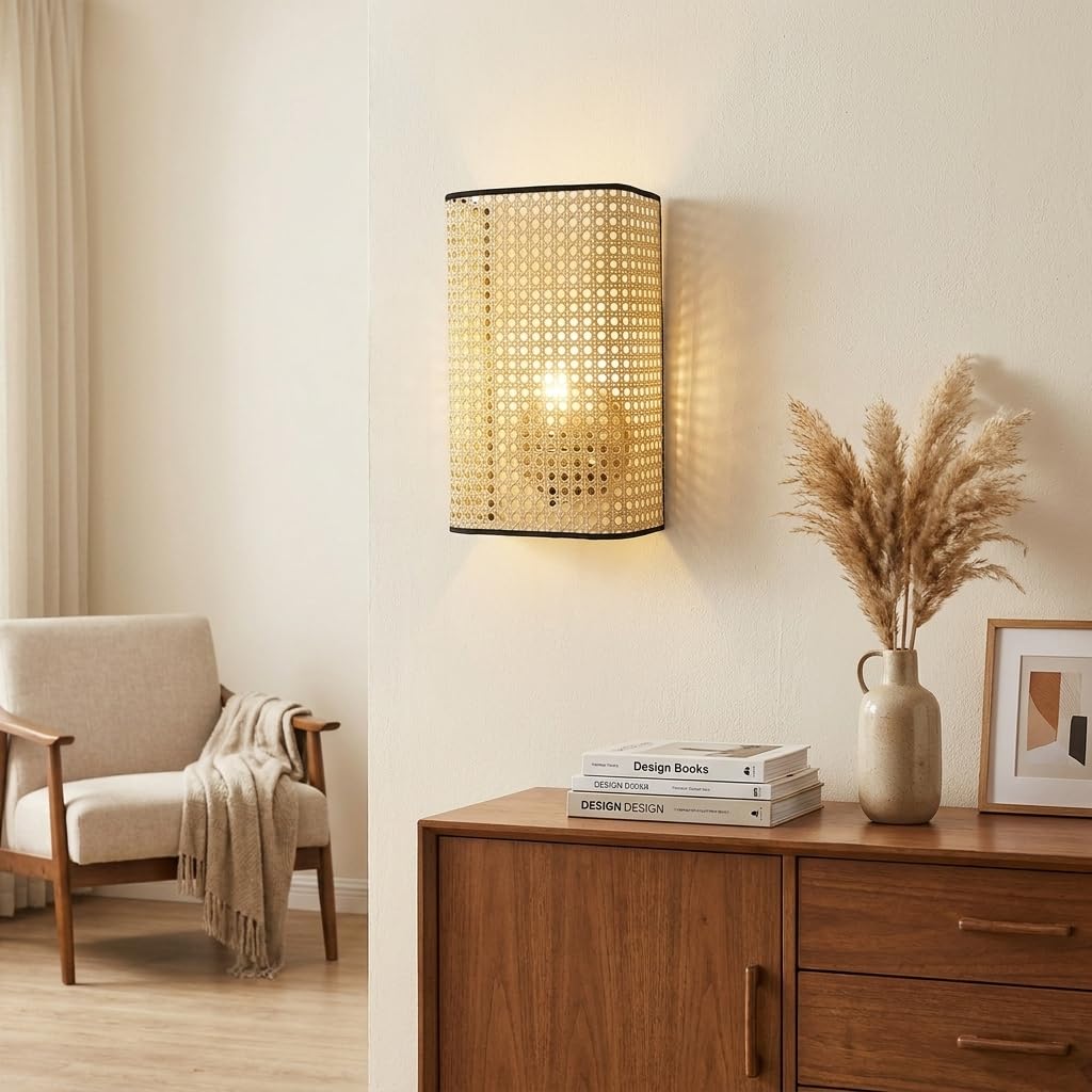 Alpinaluz Applique murale avec abat-jour rectangulaire en bambou et rotin, diffuseur acrylique, style moderne rustique, douille E27, lumière décorative pour chambre, salon et couloir
