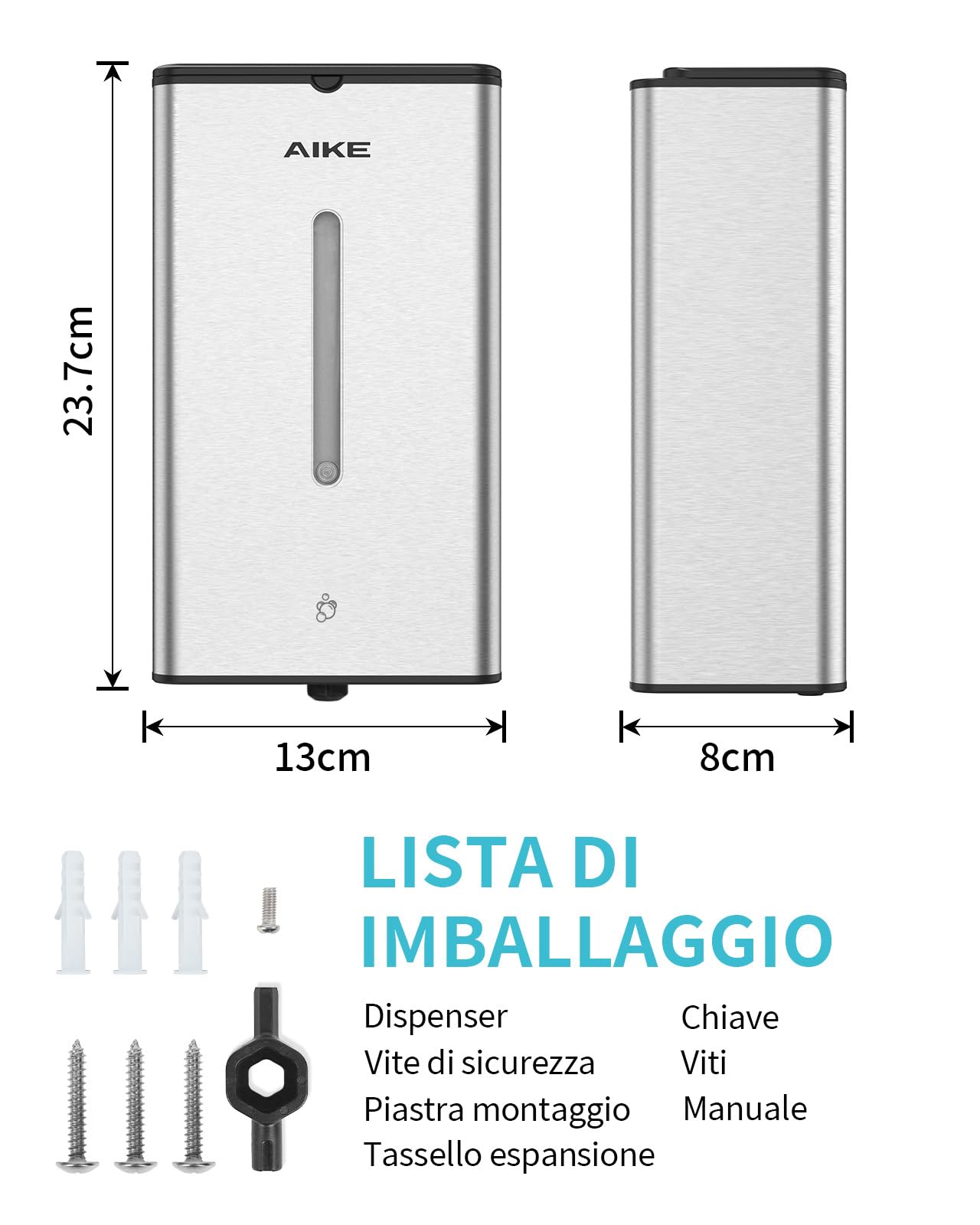 AIKE Dispenser Sapone Schiuma Automatico, A Parete Per Uso Commerciale, 1000ML Acciaio Inossidabile Per Sapone Mani Schiumogeno, AK1207FA
