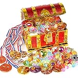 Materiales seguros - el cofre del tesoro es de alta calidad. Las piedras preciosas están hechas de acrílico de alta calidad en colores brillantes. Las monedas de oro utilizan plástico reutilizable de alto brillo.