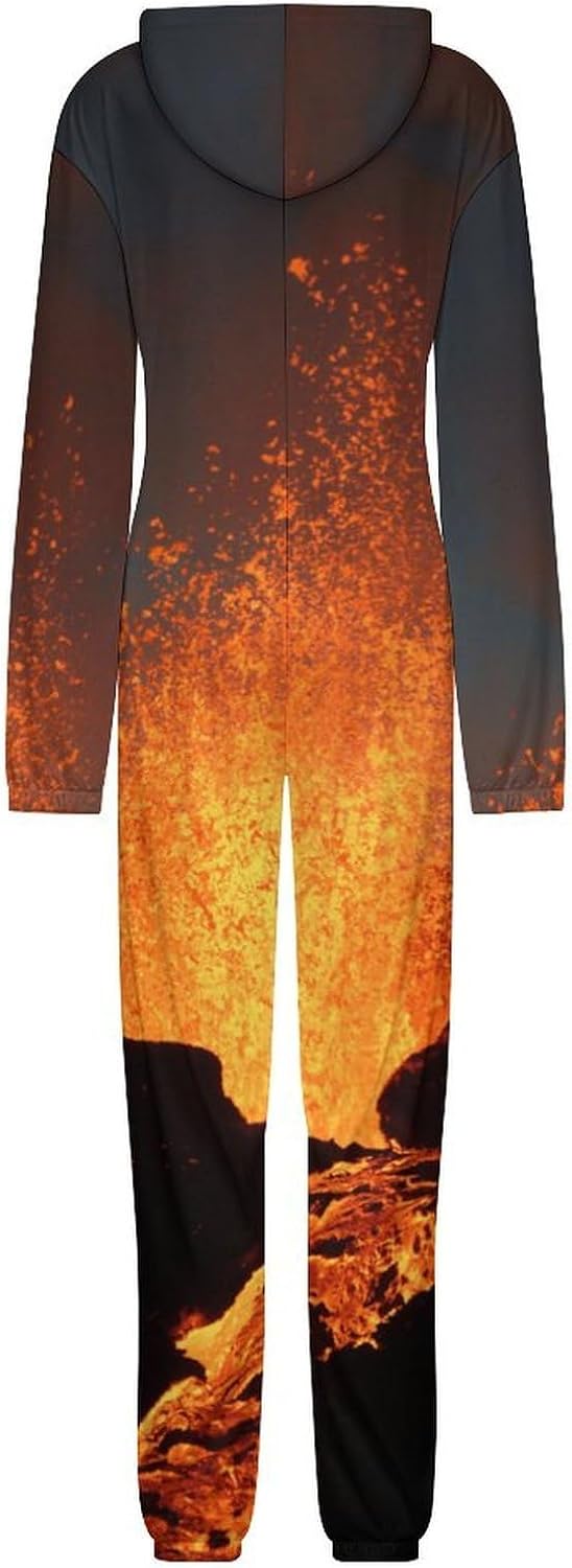 Magma Volcanoes Eruption Adult Pajamas Onesie with Hood Pocket Jumpsuits One Piece Sleepwear