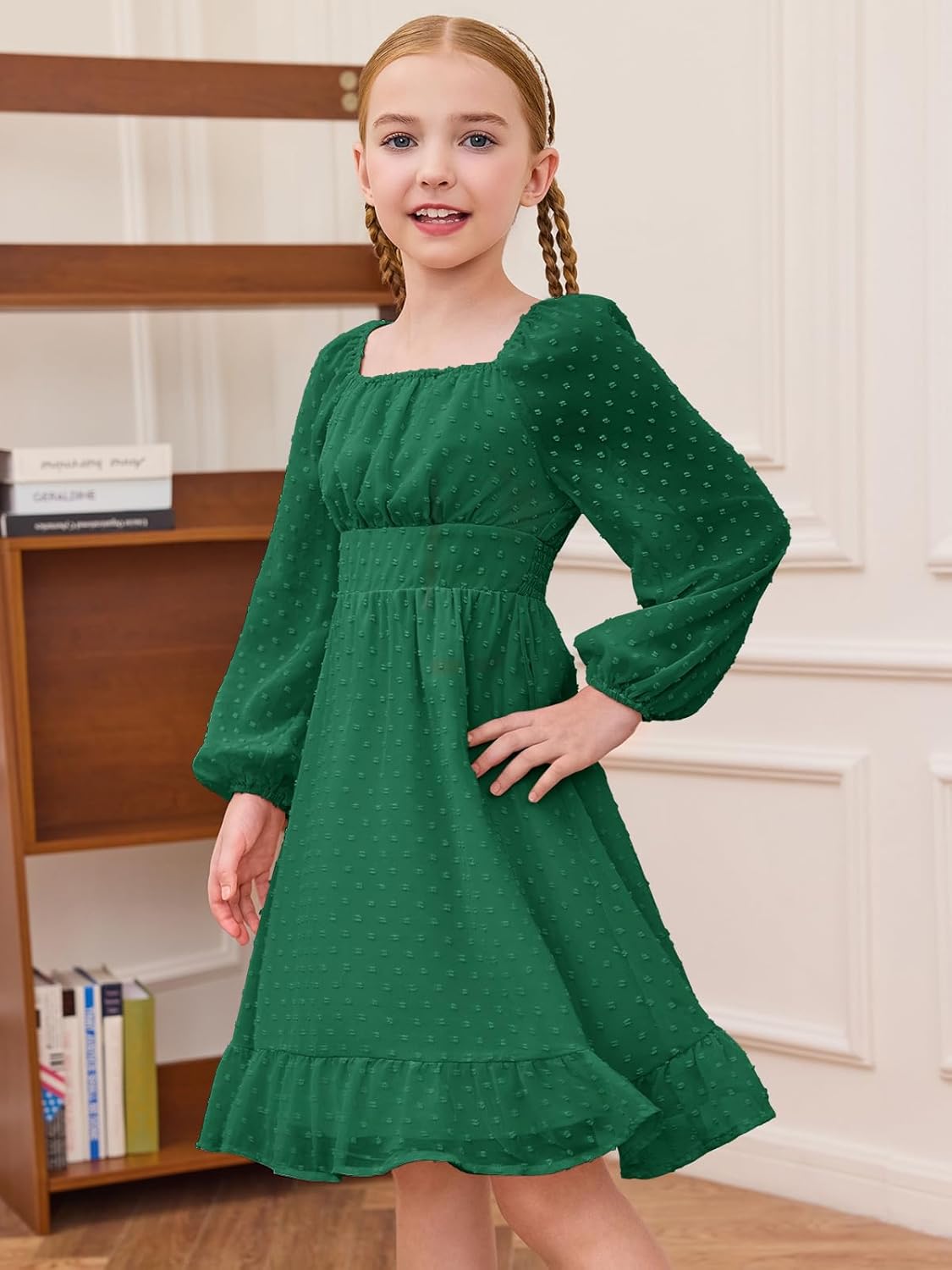 Haloumoning Girls Long Sleeve Dress Kids Ruffle Tiered Dress Swiss Dot Flowy A Line Dresses 5-14 Years - Image 3