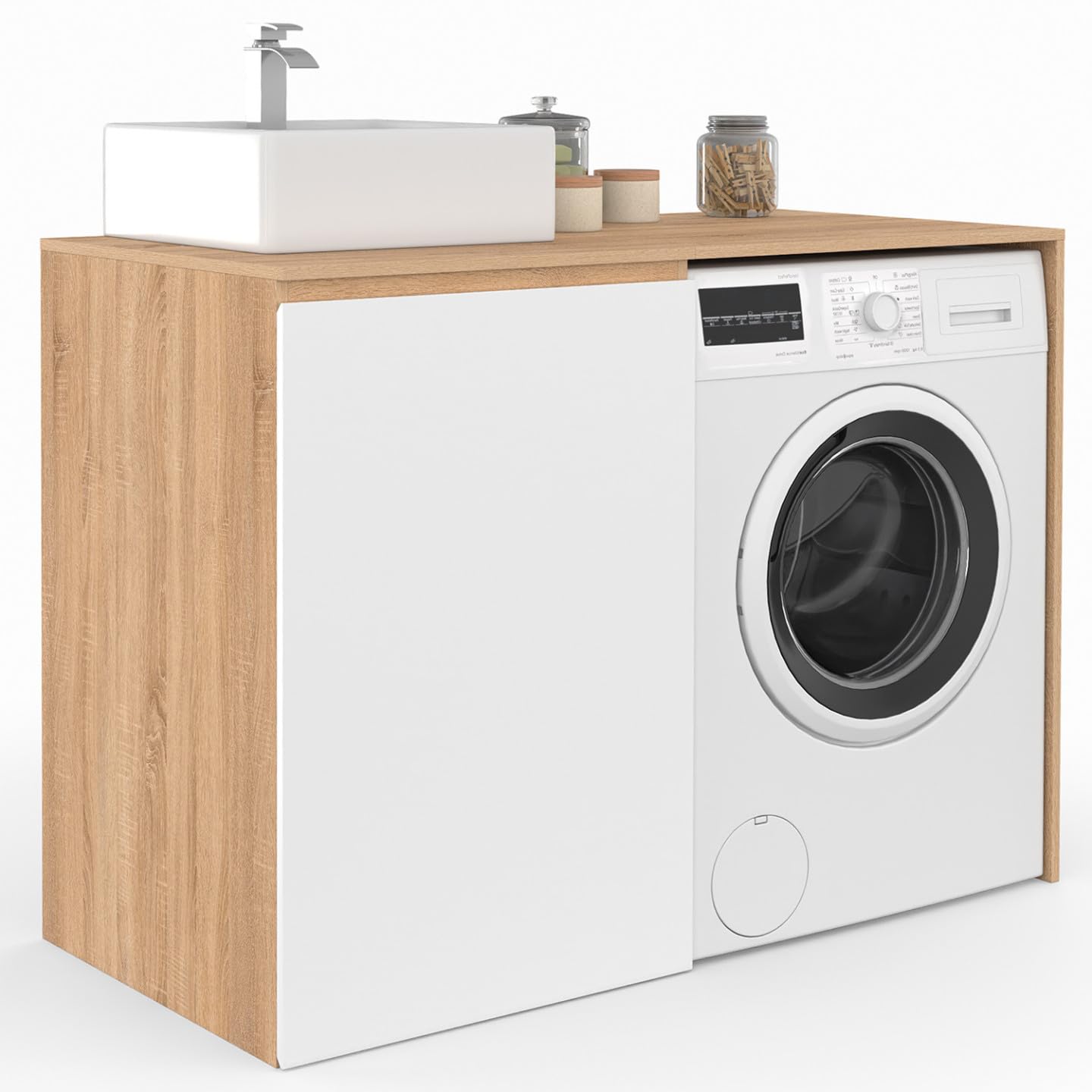 IDMarket - Waschmaschinen- oder Trocknerunterschrank mit TOMI-Schrank, Waschtischunterschrank aus Holz in Buche-Optik und Weiß