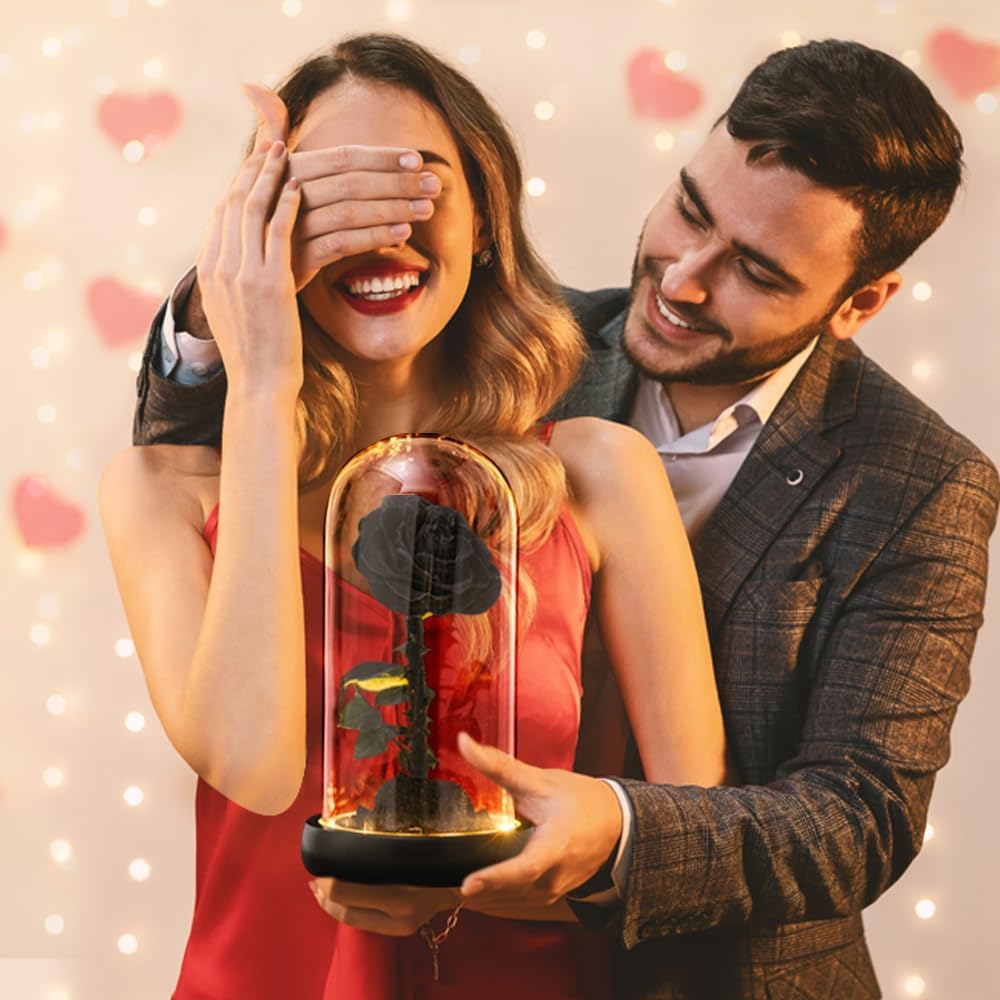 Gift for Women Forever Preserved Rose in Glass Dome with Light, Women Gifts Eternal Beauty Rose Romantic Gift for Her,Mothers Day,Valentines Day,Birthday,Christmas,Anniversary (Black) - Image 2