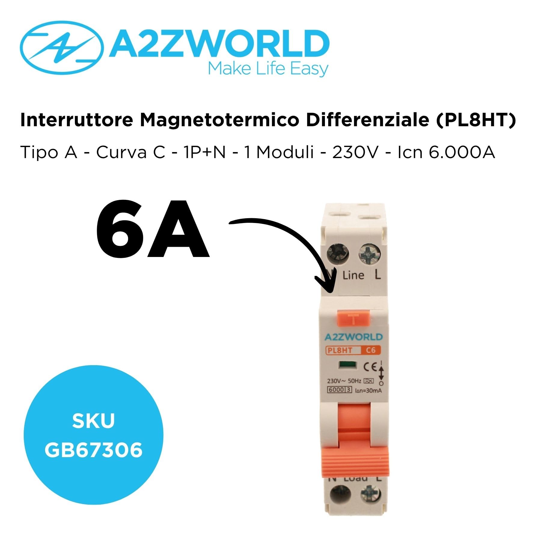 Interrupteur différentiel magnétothermique 1 module type A, 6 A C6, RCBO Slim 1P+N 6 kA 30 mA 220 V, courbe C, série PL8 HT professionnelle