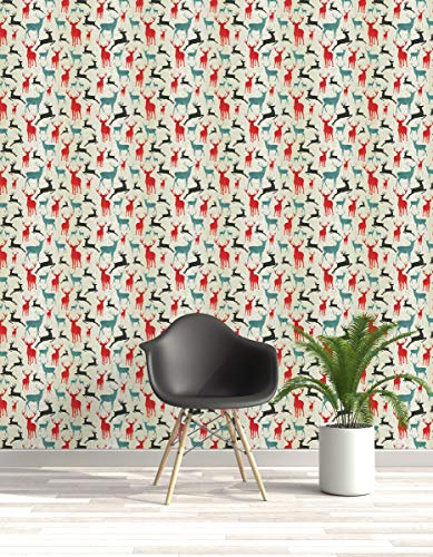Image of DWELLSINDIA Reindeer in Wood Pattern Self Adhesive Wallpaper Peel & Stick, Waterproof, Scratch Resistant, Laminated (41cm x 244cm, Multi, Reindeer)