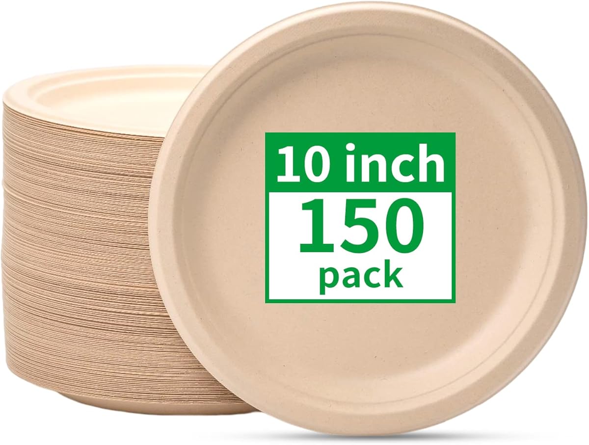 RACETOP Compostable Paper Plates 10 Inch [150 Pack], Disposable Biodegradable Heavy Duty Paper Plates, Made of Natural Sugarcane Fibers, Unbleached Brown, Round