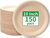 RACETOP 10 Inch Compostable Paper Plates 150 Pack - Heavy Duty Biodegradable Sugarcane Fiber, Unbleached Brown Disposable Round Plates