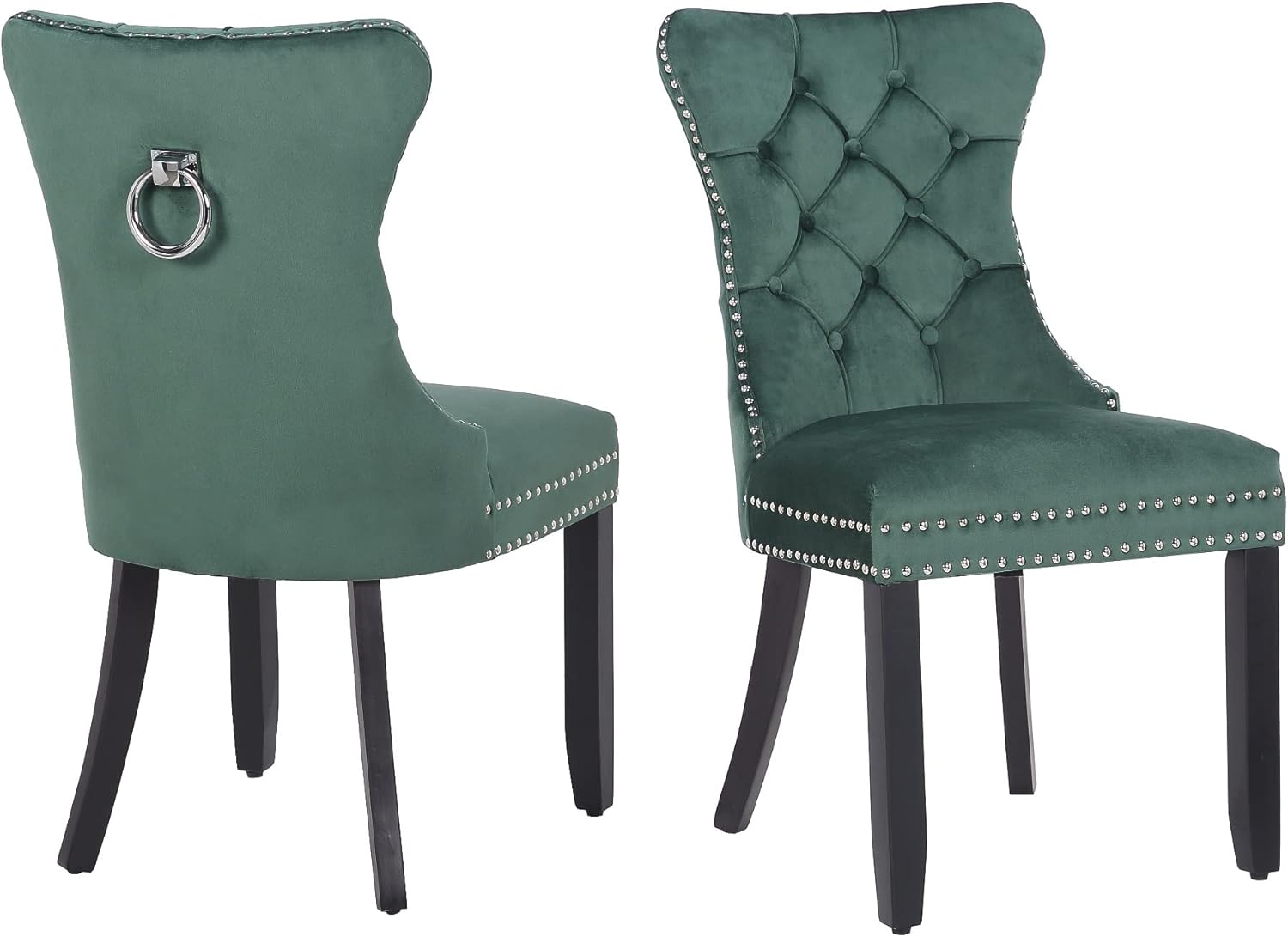 BTEXPERT Modern Farmhouse High Back Velvet Tufted Upholstered Dining Chairs, Solid Wood-Nail Trim, Ring (Green) Set of 3, Set of 2, Green, Set of 2, Green