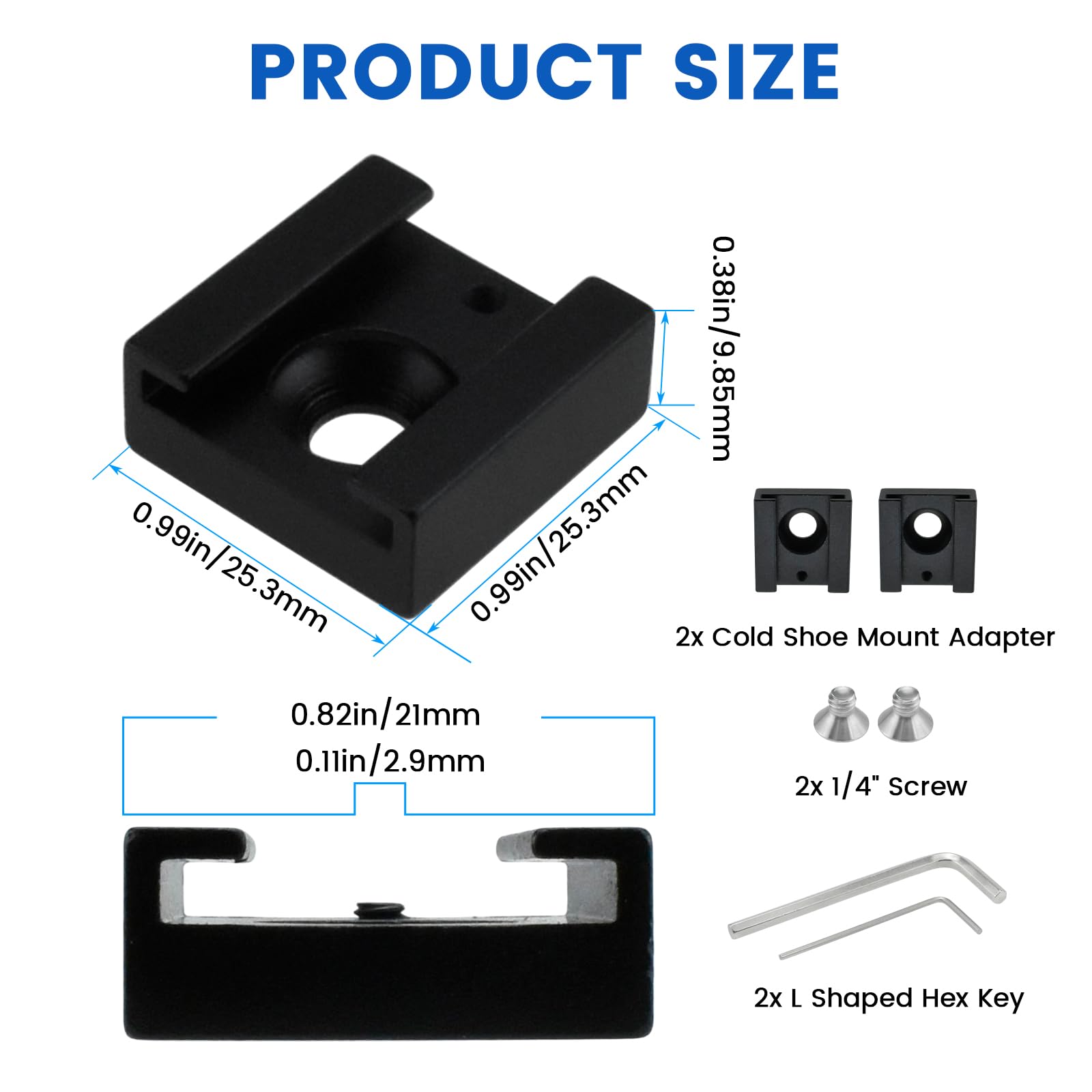 2 adaptadores de montaje de zapata fría flash, soporte de zapata fría de aleación de aluminio con pines antitorsión, llave hexagonal y tornillo de 1/4 pulgadas para micrófono de monitor de luz