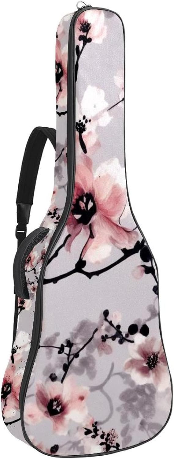 40/41/42-inch Pink Cherry Blossoms Acoustic Guitar Bag With Adjustable Shoulder Strap And 2 Storage Bags. Guitar Bag With Back Hanging Loop, Electric, and Classical Guitars