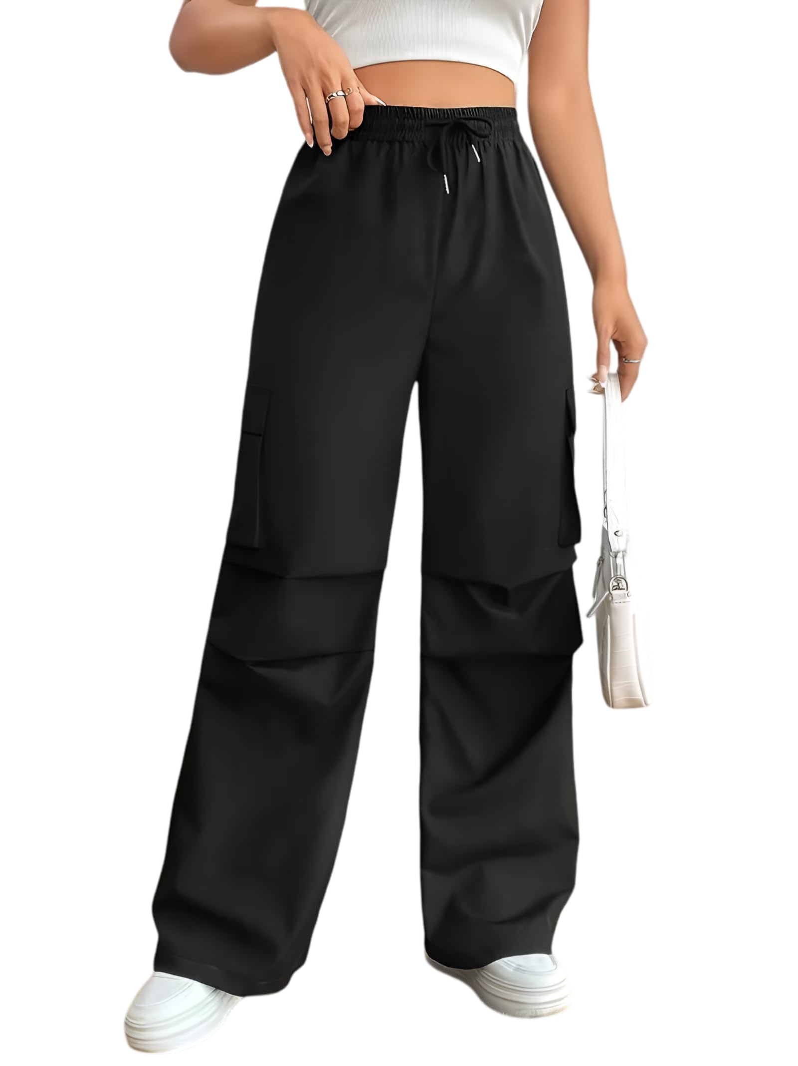 third quadrant Women's Cargo Pant || Women High Waist Wide Leg Cargo Pants with Pockets – Streetwear Utility Trousers (in, Alpha, S, Regular, Black)-picture-39