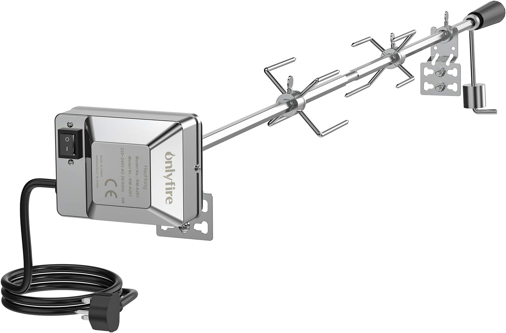 onlyfire BRK-6012 Universal Gas Grill Rotisserie Kit, 12x12 mm heavy duty Hexagon Spit Rod, 114cm long, Electric Motor for UK