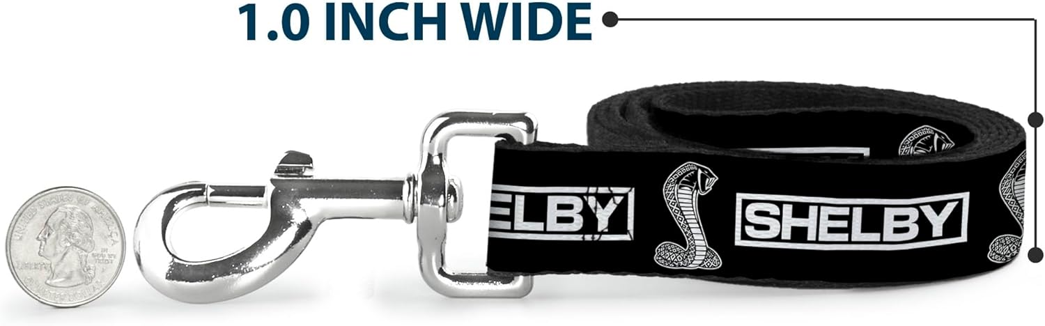 Carroll Shelby Pet Leash, Dog Leash, Shelby Box Logo and Super Snake Cobra Black White, 6 Feet Long 1.0 Inch Wide