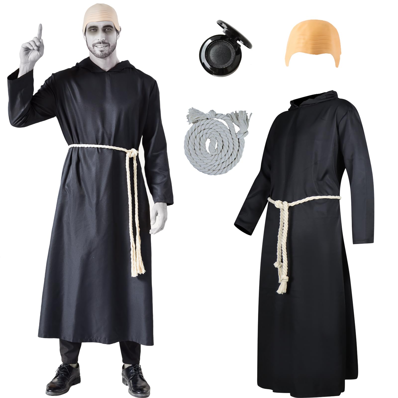 PAINEOMNUncle Fester Costume Monk Robe Black Hooded Uniform with Cord Belt for Mens Halloween Cosplay Suit 2XL