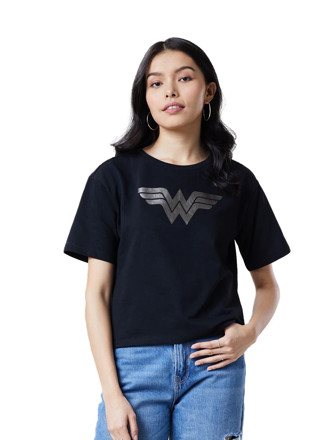 The Souled Store Women Official Wonder Woman: Logo Black Printed Oversized T-Shirts Oversized T Shirts for Women Baggy Boyfriend Tshirt Off-Shoulder Loose Fit Relaxed Drop Shoulder Half