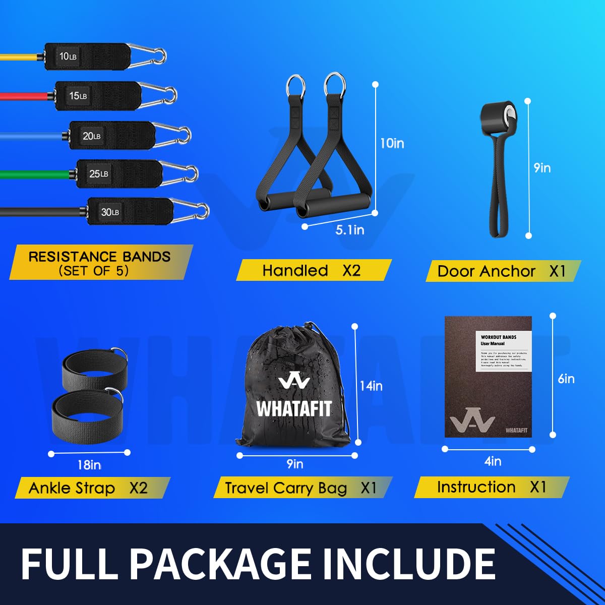 WHATAFIT Bandas de resistencia, juego de bandas de entrenamiento con asas, bandas de ejercicio de 100 libras para gimnasio en casa, incluye anclaje de puerta y correas de tobillo para entrenamiento de