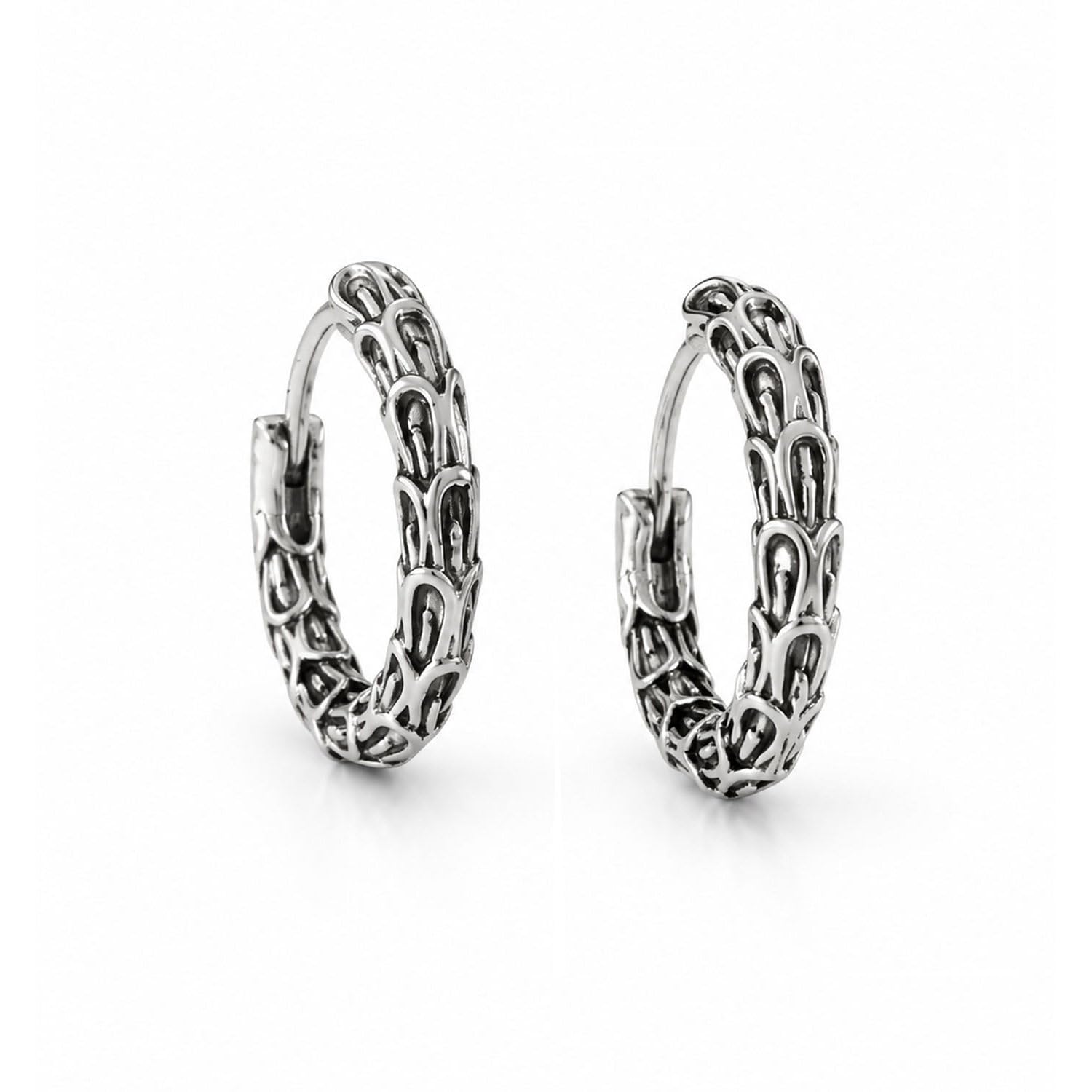 vama FASHIONS Silver Plated Stainless Steel Anti Tarnish Oxidized Hoop Earring Textured Metal Antique Ear Kaju Bali Hoops Waterproof Hypoallergenic Tribal Earrings For Boys-picture-20