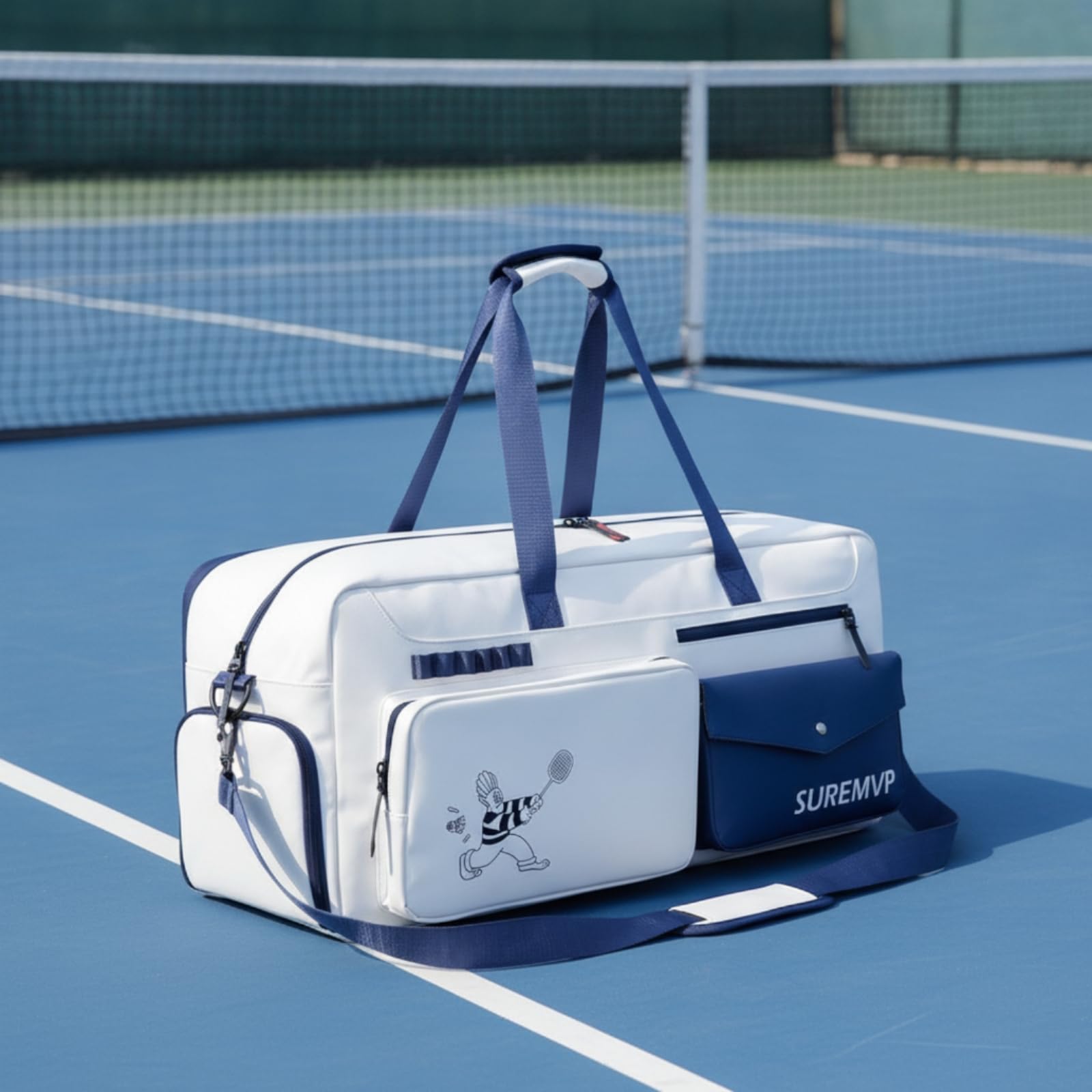 harayaa Borsa Porta Racchette Borsa Tennis Borsa Sportiva Custodia Attrezzatura Borsone Palestra con Tasca Scarpe Separata E Fodera Termica in Poliestere, Array, Bianco E Blu