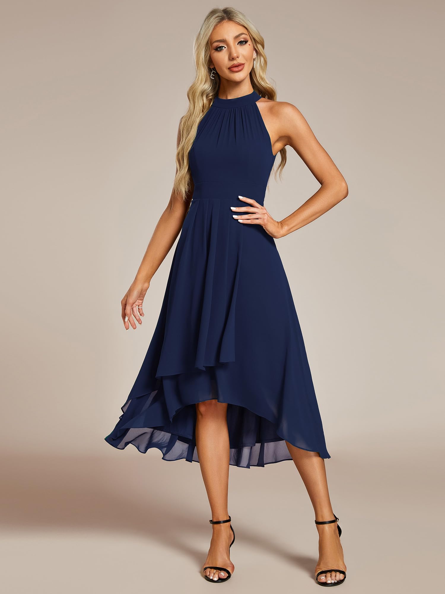 Ever-Pretty Abito Cerimonia Donna Spalle Scoperte Pieghe High Low Senza Maniche Chiffon al Ginocchio Abito da Ospite Orlo Irregolare Comodo Blu Navy 44