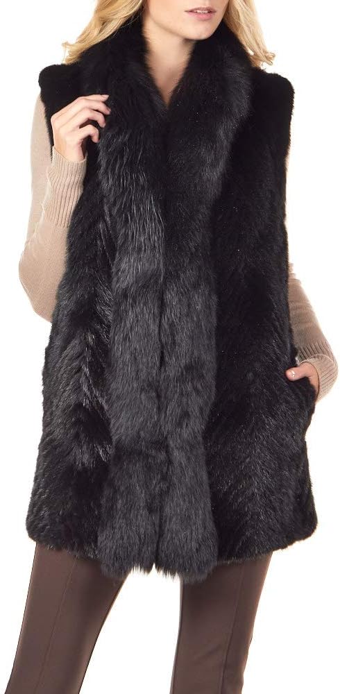 frr Textured Chevron Mink Vest with Real Fox Fur Piping