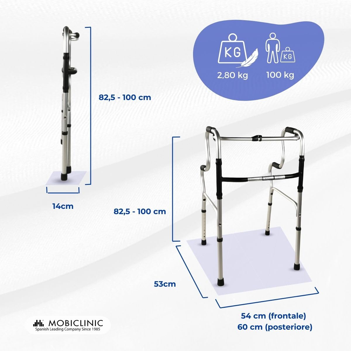 Mobiclinic®, Deambulatore per anziani, Pórtico, Marchio europeo, Girello adulti, Pieghevole e leggero, In alluminio, Senza ruote, Gommini antiscivolo