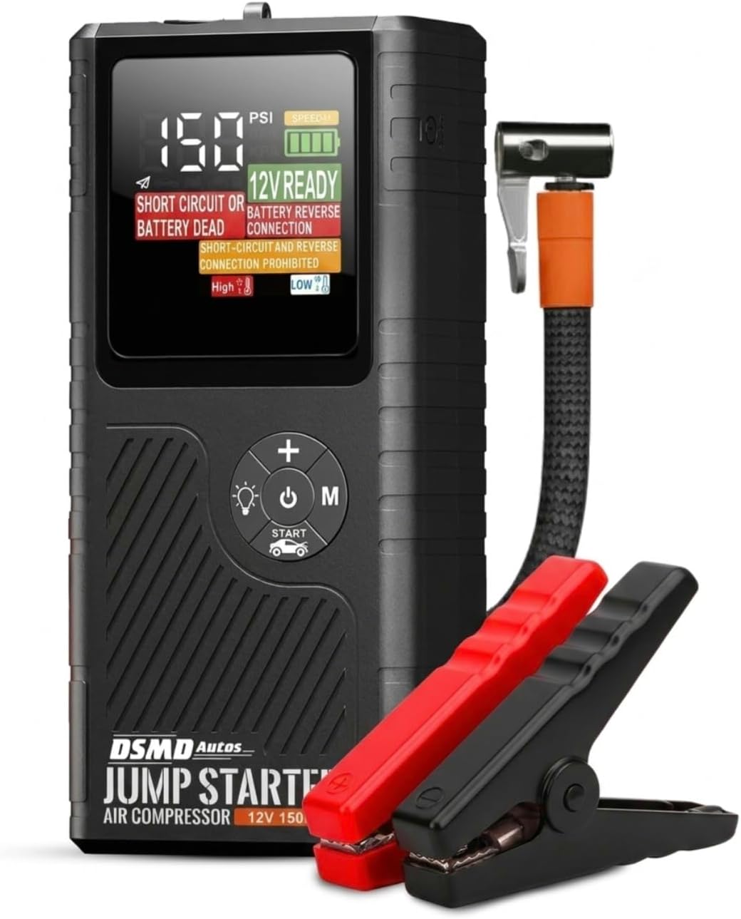 Jump Starter with Air Compressor, Portable Car Battery Booster for Dead Batteries, PSI Tire Inflator – Starts Up to 6.5L Gas / 3.5L Diesel Engines, Power Bank, LED Display – DSMDAutos