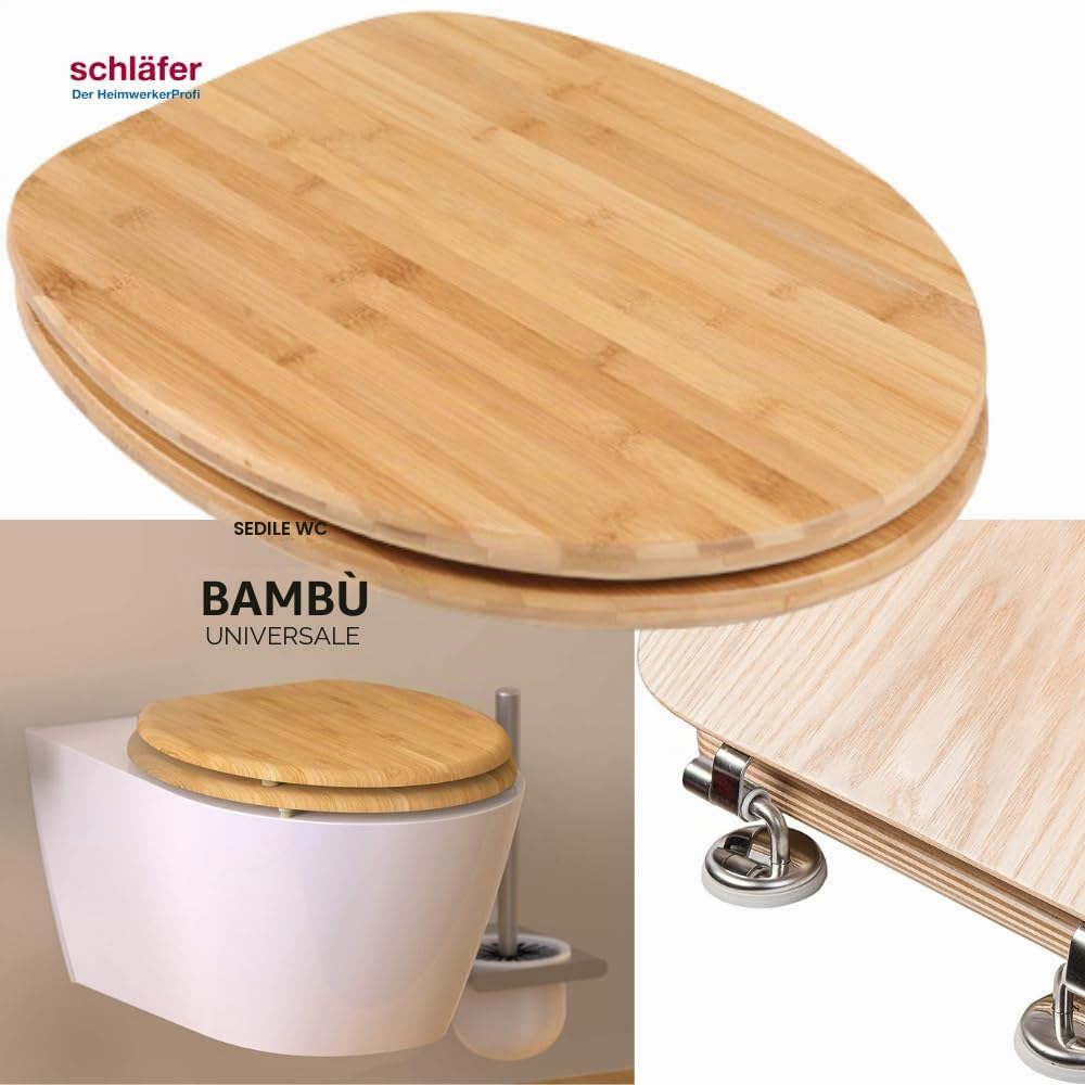 Schläfer 4637153 | Sedile Copriwater Universale Bambus con chiusura Softclose wc Automatica, Tavoletta Bamboo in Legno con Cerniere Regolabili, Copri Wc in Vero Bambù Forma Ovale.