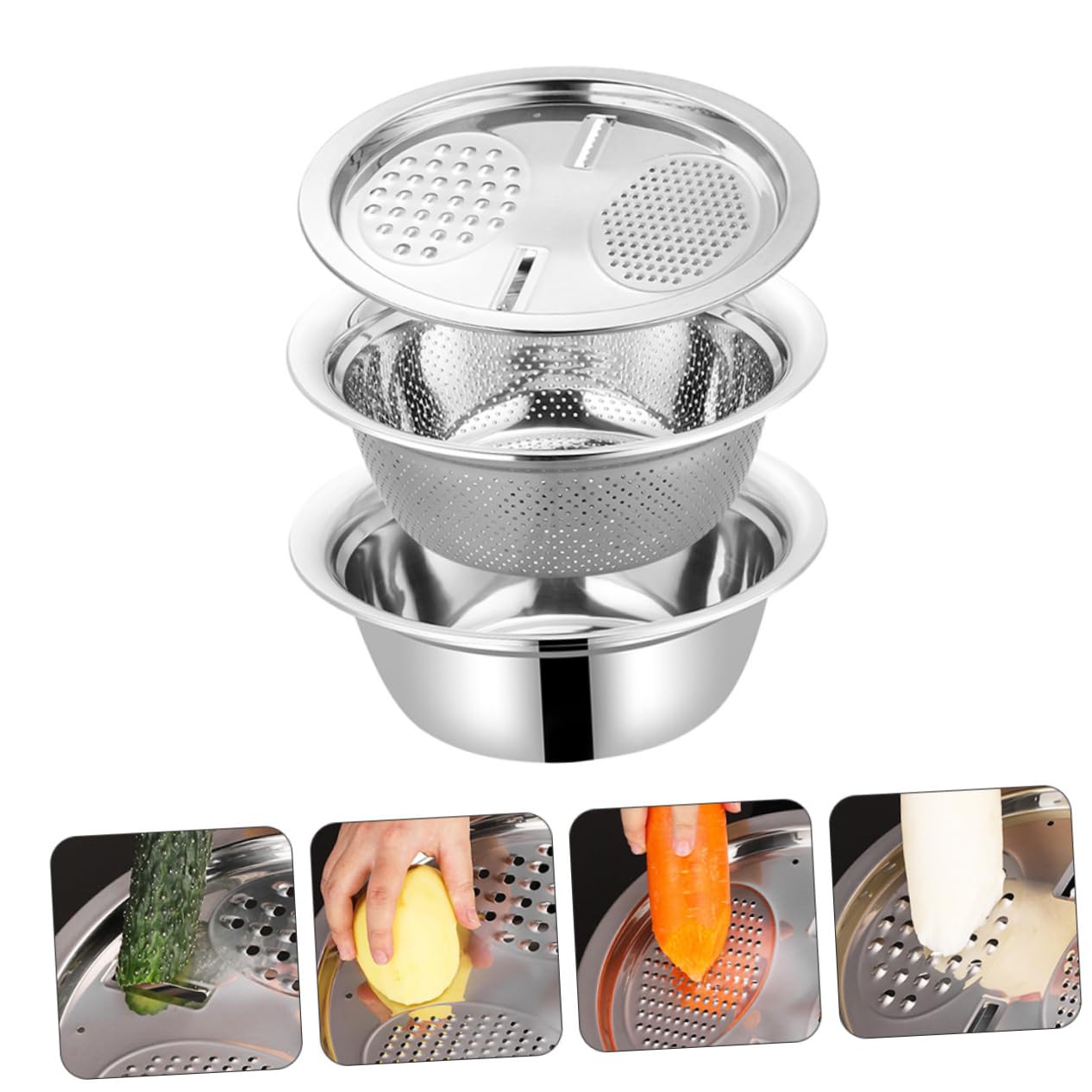 Set Basin Multifonction Acier Inoxydable avec Éplucheur et Râpe Passoire Résistante et Ergonomique pour Cuisine Professionnelle