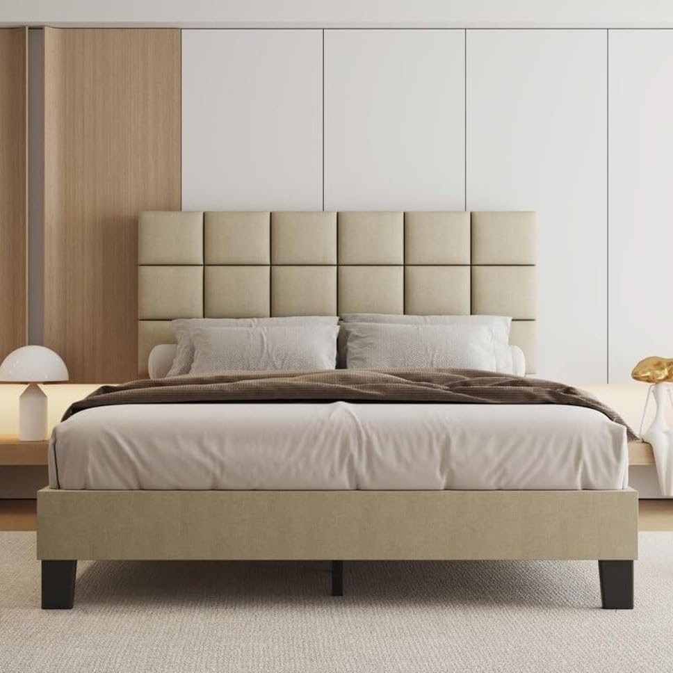 Image of Wooden Modern Upholstered King Size Bed for Bedroom | Wooden Double Bed Without Storage | Platform Cot Upholstered Bed with Upholstery Fabric | Engineered Wood | 6.5 x 6 Ft | Ivory