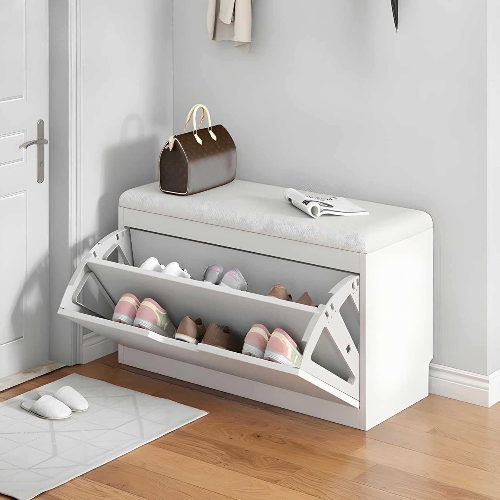 Moderno zapatero familiar con puertas, organizador de zapatos con banco de cojín para almacenamiento de zapatos (blanco, 20 pulgadas), solución elegante y que ahorra espacio para el hogar